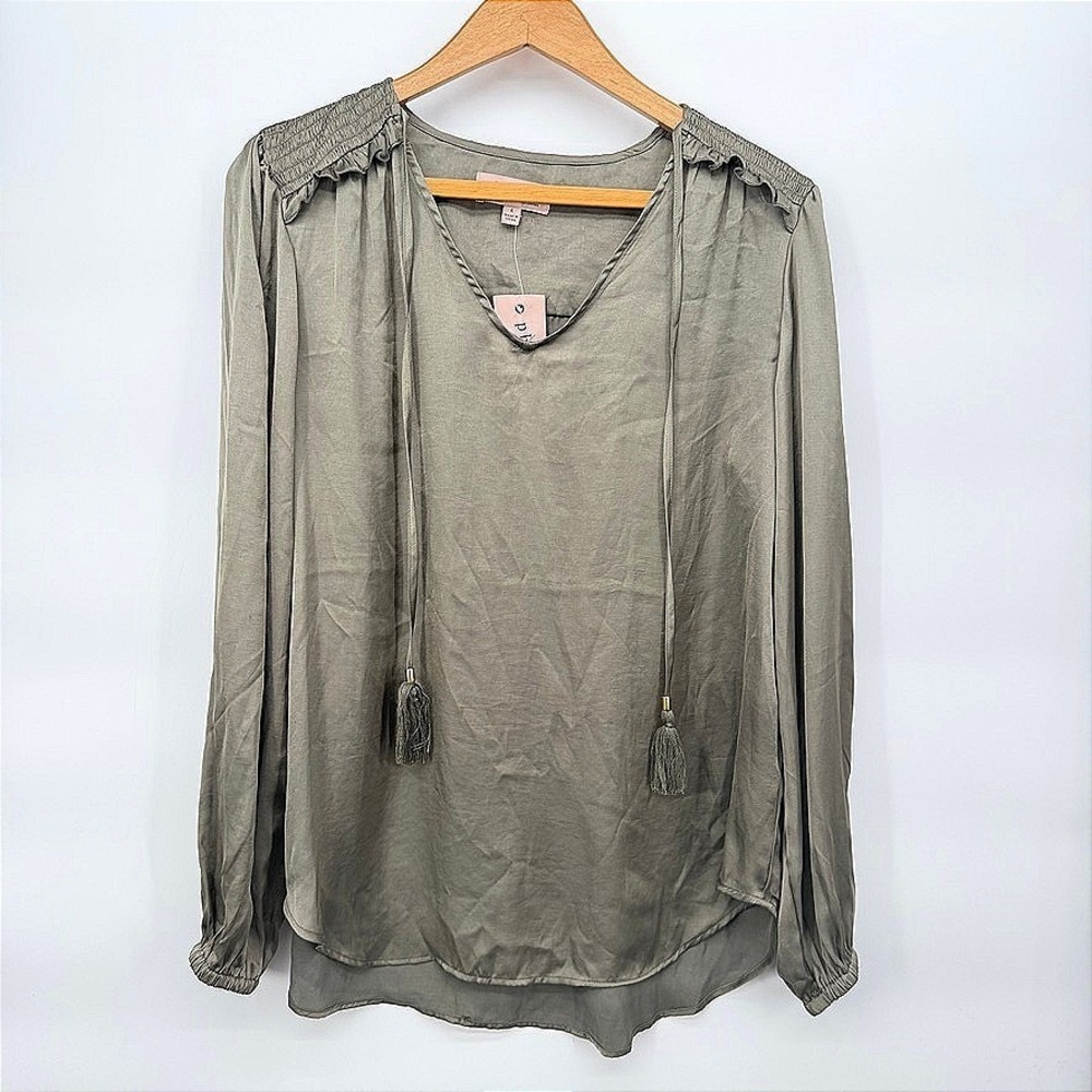 Philosophy Republic Clothing Blouse Green Satin Smocked Tassels Boho Large NWT